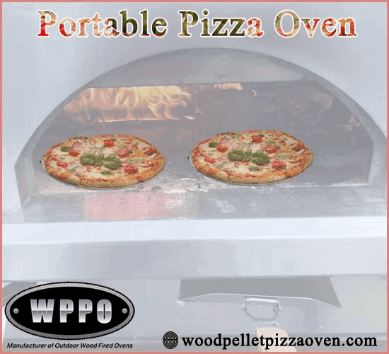 two pizzas are being cooked in a wood pellet pizza oven