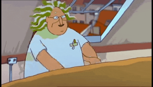 a cartoon of a man with green hair and a banana on his shirt