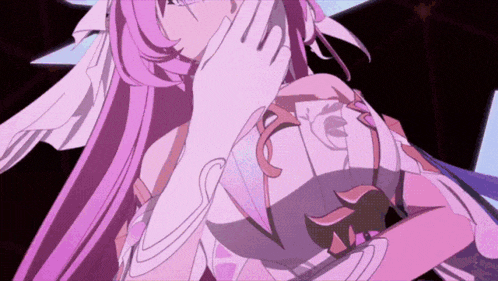 a girl with purple hair and white wings is holding something