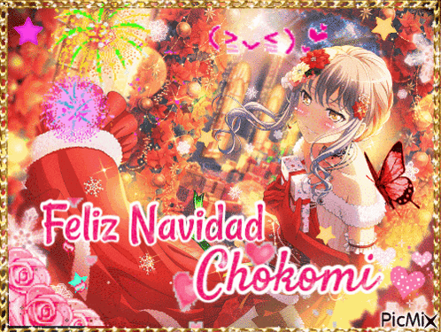 a christmas card with a girl in a santa outfit and the words " feliz navidad chokomi "