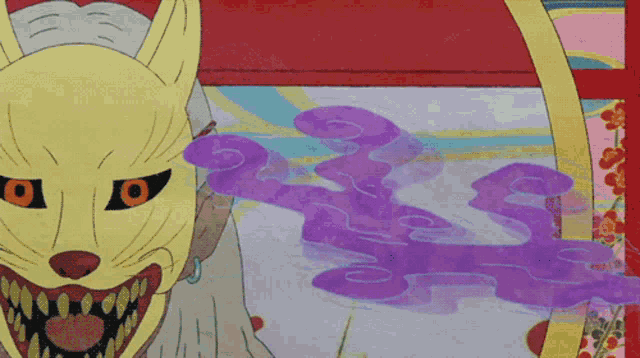 a painting of a cat with a purple smoke coming out of it 's mouth