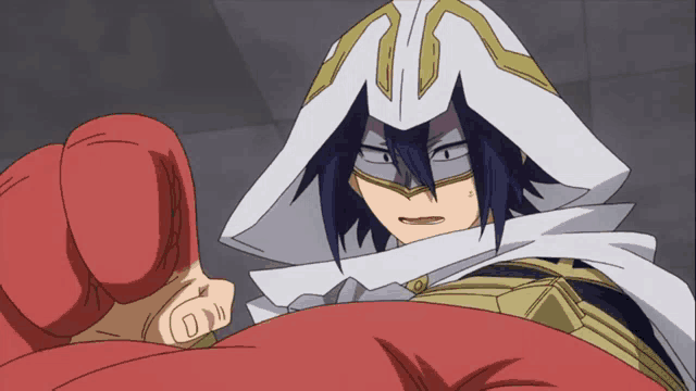 a cartoon character with a white cape and purple hair is looking at another character