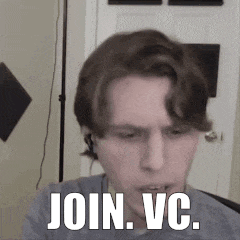 a man wearing headphones says " join vc " in front of his face