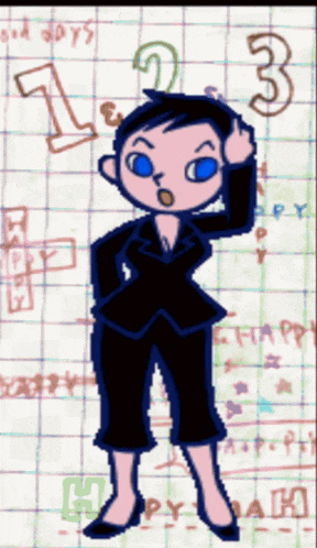 a cartoon drawing of a woman with the number 1 and 2 on her head