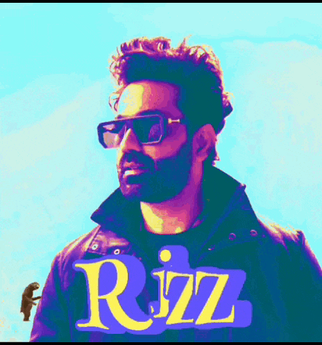 a man wearing sunglasses and a black jacket with the name rizz on it