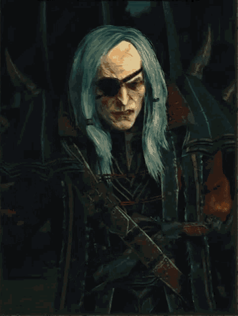 a painting of a man with long blue hair