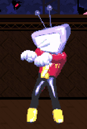 a pixel art drawing of a robot with a red shirt and yellow shoes