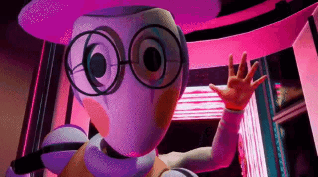 a cartoon character wearing glasses and a hat is waving his hand in a room .