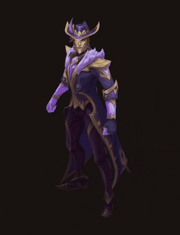 a man in a purple coat and hat is standing in front of a dark background