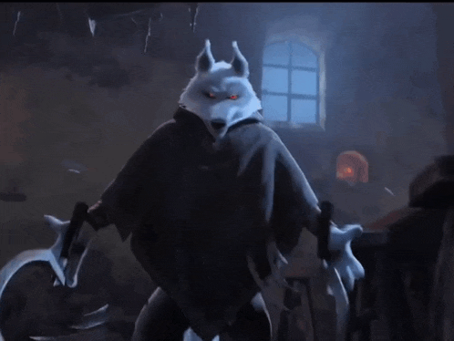 a wolf with red eyes is holding a pair of scythes