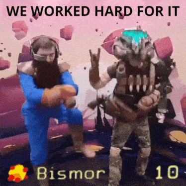 two men are dancing in front of a screen that says we worked hard for it