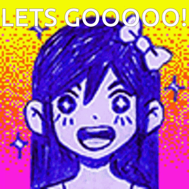 a drawing of a girl with a bow in her hair and the words let 's gooooo on the bottom