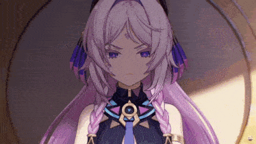 a girl with purple hair and a necklace with a circle on it