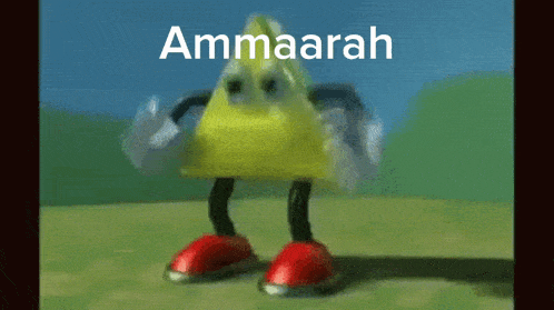 a yellow cartoon character with red feet and the word ammaarah on the bottom