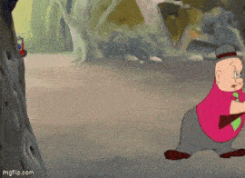 a cartoon character is standing next to a tree while another cartoon character is riding a tricycle .