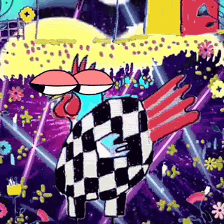 a cartoon of a chicken with a checkered pattern on its feathers