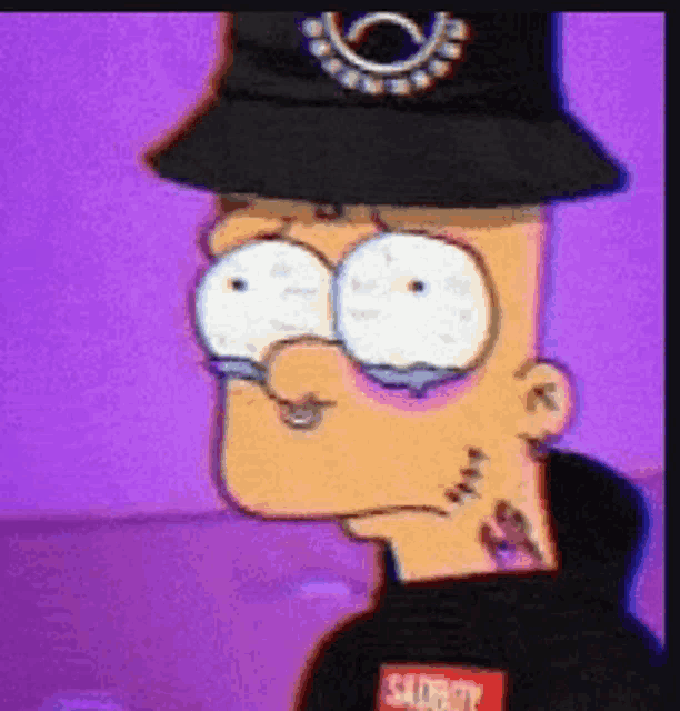 bart simpson is wearing a black hat and a hoodie with the word sadboy on it