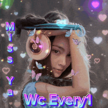 a girl wearing headphones is surrounded by butterflies and hearts with the words miss you a we every1