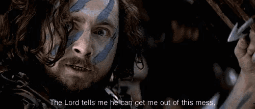 a man with blue paint on his face holds a sword and says but he 's pretty sure you 're fucked .