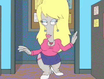 a cartoon of a woman in a pink shirt and purple skirt
