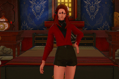a woman in a red top and black shorts is standing in a room
