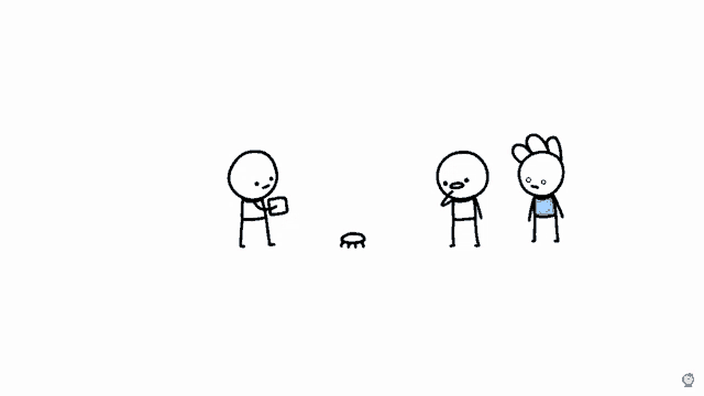 three stick figures are standing next to each other on a white background . one of the stick figures is crying .