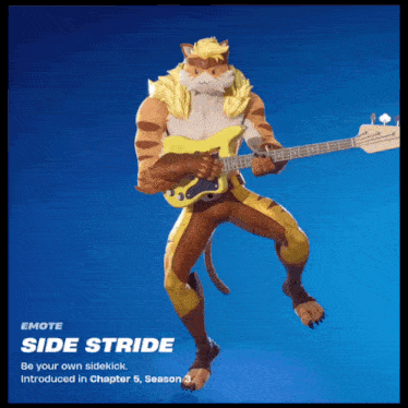 a video game character named side stride is playing a bass guitar