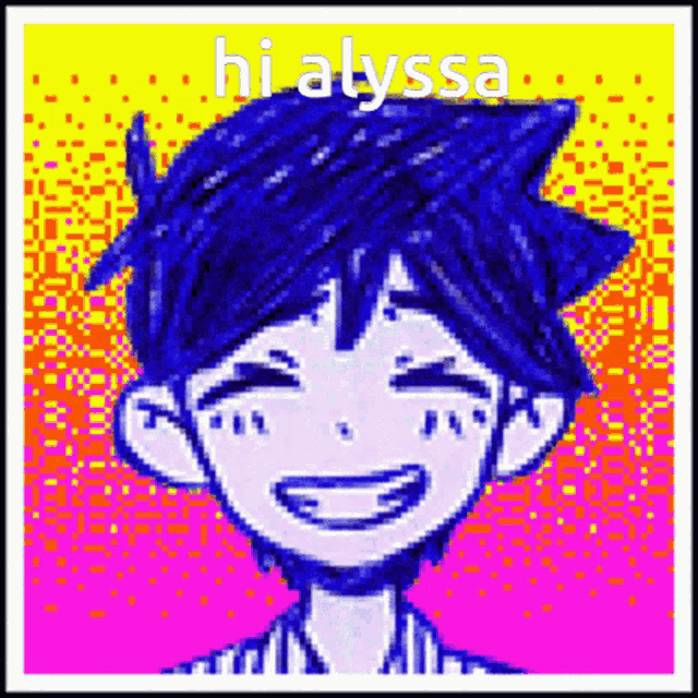 a pixel art drawing of a boy with blue hair and the words hi alyssa on the bottom