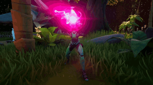 a video game character is standing in the grass with a purple light coming out of his head