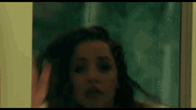 a close up of a woman 's face behind a glass door