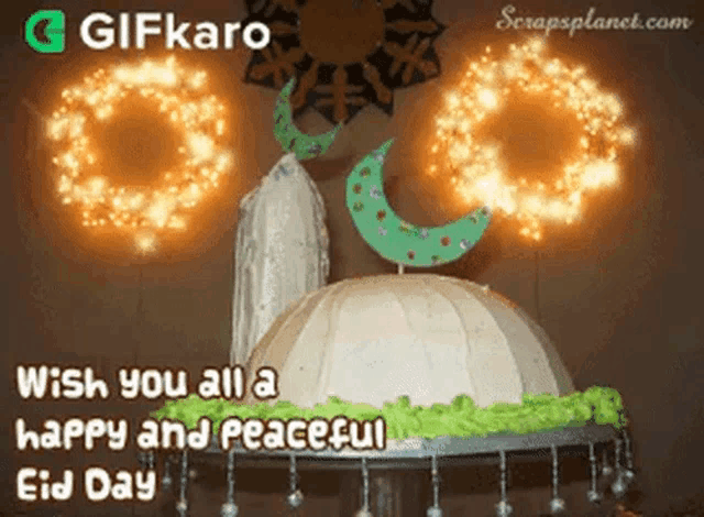 a picture of a cake with the words wish you all a happy and peaceful eid day written on it