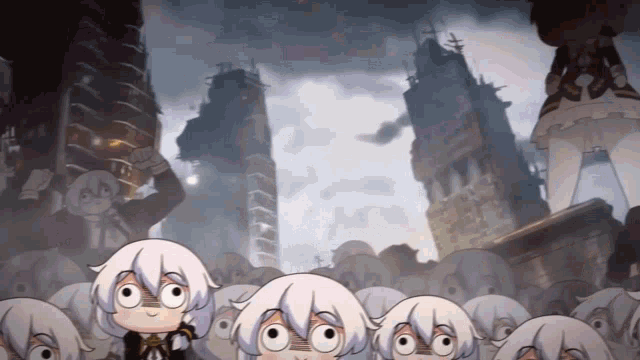 a group of cartoon characters are standing in front of buildings