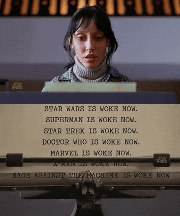 a woman is typing the words star wars is woke now