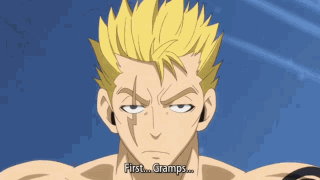 a cartoon character says first gramps in a blue background