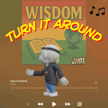 a cartoon character is standing in front of a sign that says wisdom turn it around