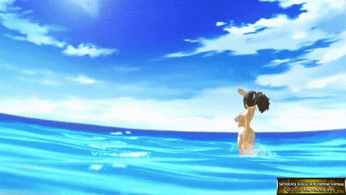 a woman in a bikini is swimming in the ocean with a sign that says senran kagura kaisen versus
