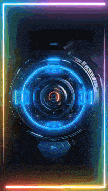 a futuristic clock with a rainbow colored frame around it
