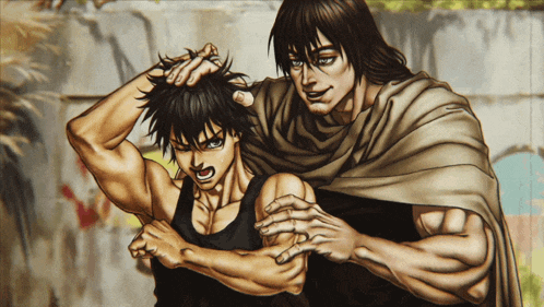 a man in a cape is holding another man 's head