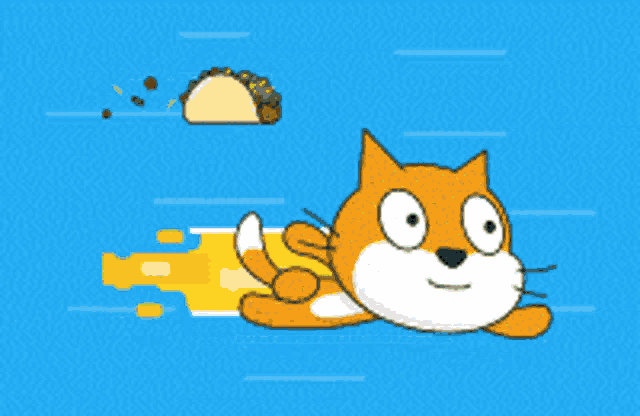 a cartoon cat is flying through the air with a taco behind it