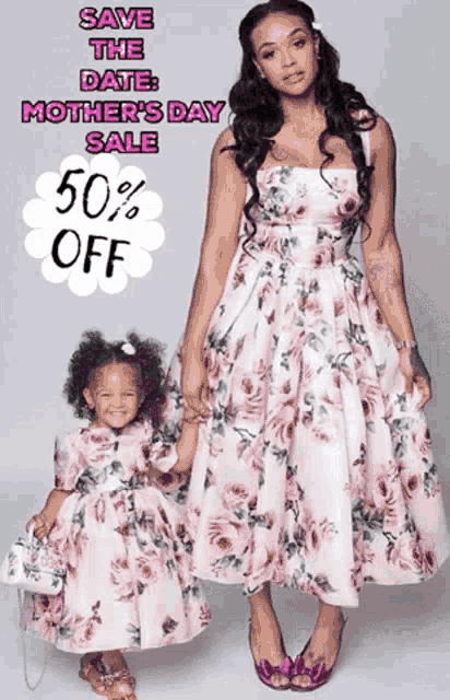 a woman and a little girl are standing next to each other with the words save the date mother 's day sale
