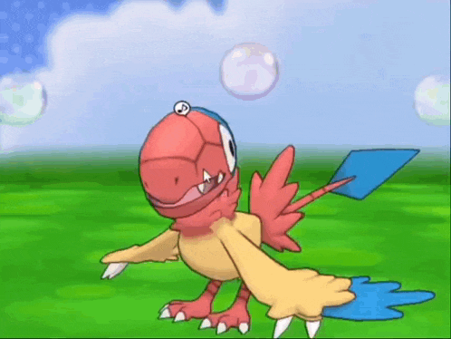 a cartoon bird is standing in a field with bubbles coming out of it 's mouth