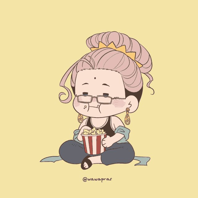 a drawing of a woman with glasses eating popcorn with the name wawapras on the bottom