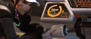 a woman in a white hat is looking at a screen that shows a percentage of 88