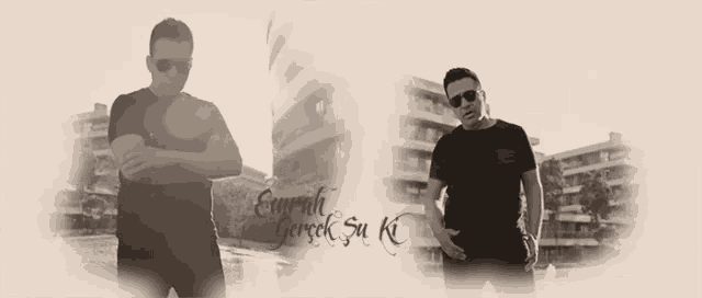 two men are standing next to each other with the words emrah bercek su kc written on the bottom