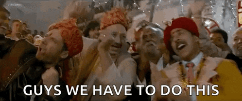 a group of men are sitting in a room with the words `` guys we have to do this '' above them .