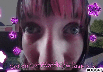 a close up of a woman 's face with the words " get on overwatch pwease " below her