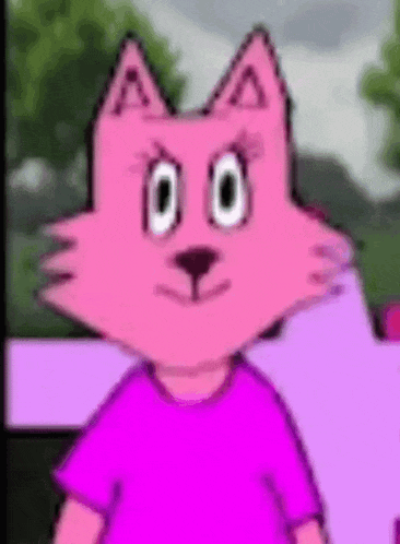 a pink cat with a pink shirt on is standing next to a purple car .