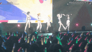 a group of people are dancing on a stage with a sign that says #regloss3d