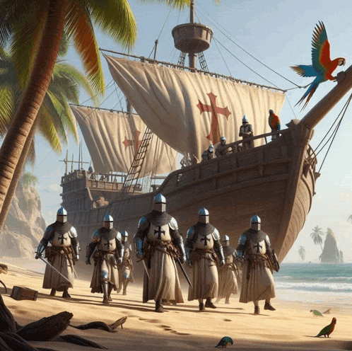 a group of knights are walking on a beach in front of a large ship
