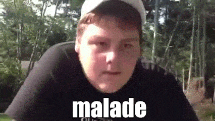 a young man wearing a baseball cap and a black shirt is making a funny face and says malade .